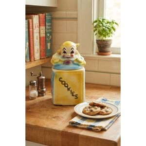 Vintage 1940s USA Ceramic Alphabet Block Cookie Jar Blue Yellow 12 Inch tall
